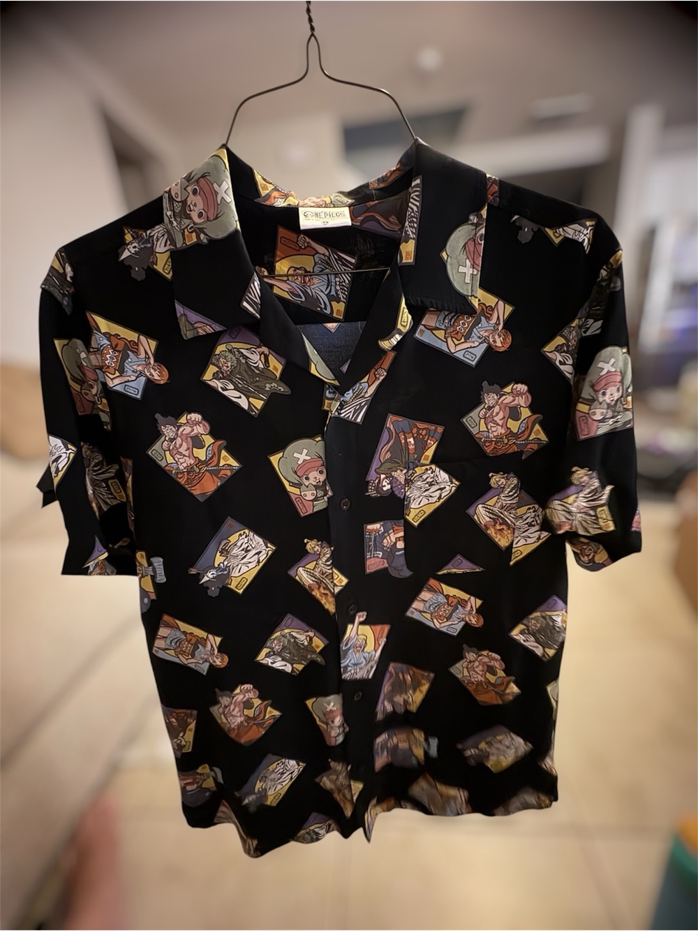 Onepiece Black Short-Sleeve Button-Down Shirt with Colorful Cartoon Panels